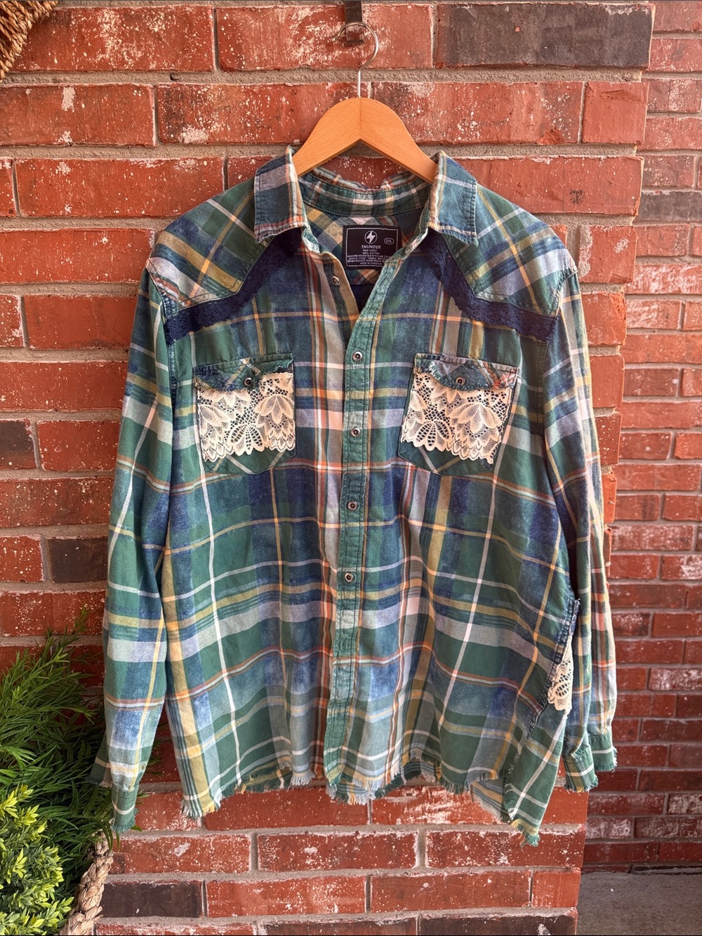 Thunder Brand Plaid Flannel Shirt with Lace and Denim Details